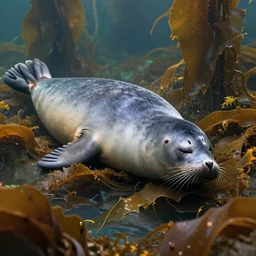 A seal sleeping peacefully in a kelp forest, cinematic, hyper realistic, detailed, 8k, octane render.
