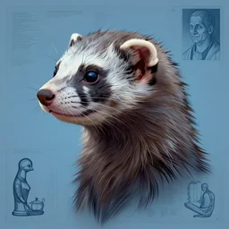 portrait of ferretfolk head and shoulders, in the style of Greg Broadmore and Arthur Rackham and Moebius, trending on artstation, light lighting side view,digital art,surrealism ,macro,blueprint ,vaporwave ,