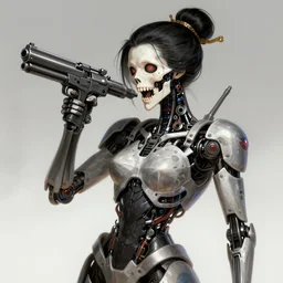 geisha death robot, killbot, gun coming out of mouth, very realistic, artwork by jim burns, cyberpunk, sci - fi