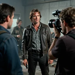 The Thing behind the scenes with Kurt Russell, full color production photograph from 1982