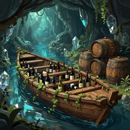 in the underground crystal cave forest, an old wooden boat wrapped by vines is filled with all kinds of wine bottles, and wooden wine barrels are stacked beside the wooden boat. ) ) ) ) ) ) and the atmosphere is very strong ) ) ), trending on artstation, illustrated by greg rutkowskia, 4 k digital art, the style of borderlands 2