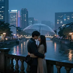 two lovers hugging in the rain at night in a modern chinese city next to a canal, high quality digital art, concept art, trending on arstation, dreamy