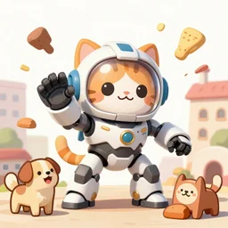 a cute cat inside a mech suit wreaking havoc on dogtown