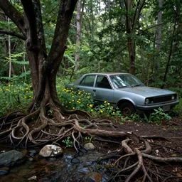 abandoned car on the right side of the image, overgrown in a thick forest, trees with strong roots, waterlogged ground with yellow flowers, and a small stream with rocks
