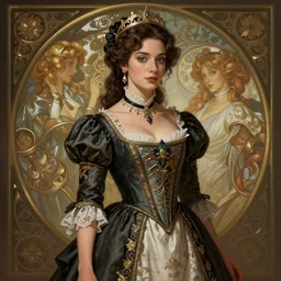 Morena Baccarin dressed in Victorian fashion, D&D, fantasy, intricate, elegant, highly detailed, digital painting, artstation, concept art, matte, sharp focus, illustration, art by Artgerm and Greg Rutkowski and Alphonse Mucha