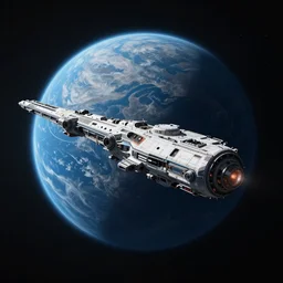 realistic spaceship orbiting blue planet in space, sci - fi concept art by david edwards and craig mullins, volumetric light, atmospheric lighting, dramatic, cinematic, moody, octane render 4 k, 8 k