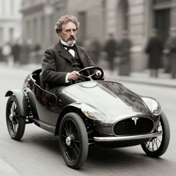 photo realistic, high quality, nikolas tesla driving a tesla vehicle.