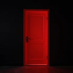 a glowing red door on a black background,