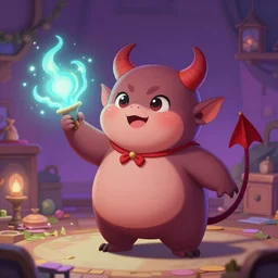 a super cute demon playing with his magical power in his home ,chubby,concept art trending on artstation, deviantart, very detailed , glowing effect, magic