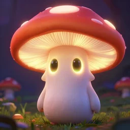 glowing mushroom character with big oval shaped eyes. sharp focus. highly detailed. cute. vibrant colors. atmospheric. pixar.