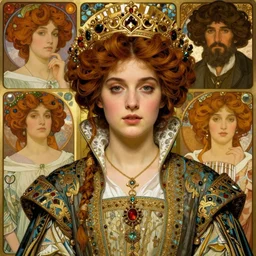 beautiful young medieval queen in ornate robes detailed realistic face portrait by jean delville, alphonse mucha, jacek malczewski, krenz cushart, gustav klimt, and maxfield parrish, art nouveau, symbolist, visionary, pre - raphaelite
