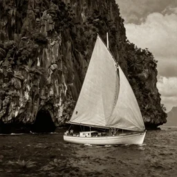 photorealistic sepia painting of a 1 9 2 5 bay boat sailing in front of a tropical island cliff with the mouth of a grotto at the waterline, dark, brooding, atmospheric, lovecraft, by dave dorman