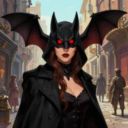 bat, whitechapel, jack the ripper, glowing red eyes, 1 8 8 0 s, steampunk alley, streets, beautiful face, nicoletta ceccoli, mark ryden, lostfish, max fleischer, hyper realistic, artstation, illustration, digital paint, matte paint, vivid colors, bright, cheerful, detailed and intricate environment