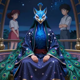 realistically rendered portrait from an anime of an ethereal colorful blue starry fox peacock character with giant golden demonic fangs, wearing star filled mage robes, sitting in an illuminated observatory at night, art by yuji ikehata, background art by miyazaki, realism, detailed, proper human proportions, fully clothed