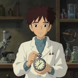 studio ghibli dull colors interior portrait cartoon from close encounters of the third kind 1 9 7 7 of a young skinny grey pocketwatch scientist in a laboratory.
