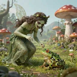 Scary godlike fairy killing a frog , detailed mushroom village in the background , Taras Shevchenko style, post-processing, fantasy , masterpiece , junji ito, painting , vibrant colors