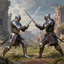 medieval knights on a psychedelic trip having a sword fight, surrealism, 4k