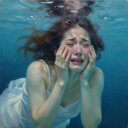 fashion model crying underwater, hyperrealism oil painting