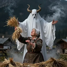 1 _ 9 _ 2 _ 0 _ s _ spirit _ portrait _ photography _ of _ an _ old _ female _ farmer _ turning _ into _ a _ krampus _ ghost _ with _ hay _ cloth _ in _ the _ dolomites _ smoke _ from _ mouth _ casting _ a _ roo