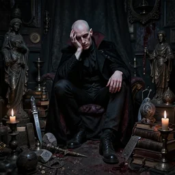 night portrait of a neurotic british man ( ( vampire ) ) ) feeling confidant in a cluttered dark room full of ancient artifacts dark dusty statues runes books magical arcane instruments candlesticks ritual stone knife drapery bloody atmospheric f / 1. 4 hdr bald
