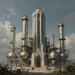 futuristic chemical plant with gothic elements, fantasy painting, lots of detail