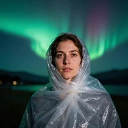 closeup portrait of a woman wrapped in plastic, standing in stewart island in new zealand, aurora australis southern lights in background, color photograph, by vincent desiderio, canon eos c 3 0 0, ƒ 1. 8, 3 5 mm, 8 k, medium - format print