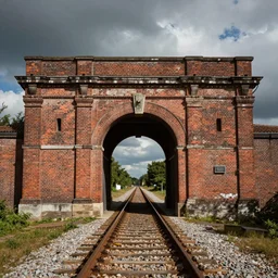 an old brick gatehouse with a train track going through it - stock image, a stock photo by schelte a bolswert, shutterstock, symbolism, stockphoto, colorized, stock photo
