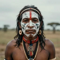 realistic exposed expired fuji film portrait of a tribe leader with facial paintings and decorations, hyperrealism, hypermaximalism, photorealistic, detailed, atmospheric, 8 k, award winning photography, cinematic