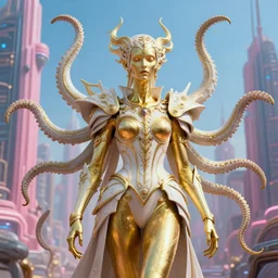 a photo of 8 k ultra realistic corrupted lovecraftian golden humanoid queen standing next to a pink and blue solarpunk city, 8 intricate white and gold tentacles, face enhance, ornate white and gold armour, cinematic lighting, trending on artstation, 4 k, hyperrealistic, focused, extreme details, unreal engine 5, cinematic, masterpiece