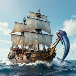 pirate ship sailing on rough seas, giant squid 🦑 attacking pirate ship, photorealistic illustration, high quality render, 8 k resolution, octane render
