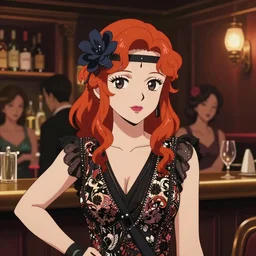 portrait of a beautiful red headed girl dressed in 1920's fashion, speakeasy bar background, rich vivid colors, ambient lighting, dynamic lighting, 4k, HQ, official media, anime key visual, makoto shinkai, ilya kuvshinov, lois van baarle, rossdraws, detailed, trending on artstation