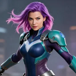 a stunning high shutter speed action upper body portrait of a beautiful woman with a ombre purple pink hairstyle with hair flying wearing futuristic navy blue and teal battle bodyarmor and pauldrons by marvel comics, outrun, vaporware, action photography, highly detailed, fine detail, intricate, digital art, trending on artstation