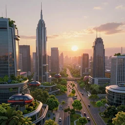 photo of sunrise over a beautiful solarpunk city, many trees, flying cars, dramatic lighting, romantic, eco system, hyper realistic,