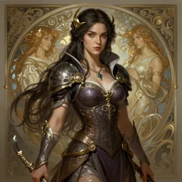 Nina Dobrev as a fantasy rogue, D&D, fantasy, intricate, elegant, highly detailed, digital painting, artstation, concept art, matte, sharp focus, illustration, art by Artgerm and Greg Rutkowski and Alphonse Mucha