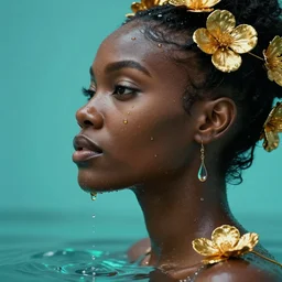 hyperrealistic precisionist cinematic profile very expressive! black oshun goddess, in water! up to shoulders, mirror dripping droplet!, gold flowers, highly detailed face, digital art masterpiece, smooth eric zener cam de leon, dramatic pearlescent turquoise light on one side, low angle uhd 8 k, deep focus
