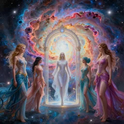 a photorealistic detailed image of a beautiful vibrant iridescent gateway to intergalactic nebula filles skies, spiritual science, divinity, utopian, by david a. hardy, hana yata, kinkade, lisa frank,