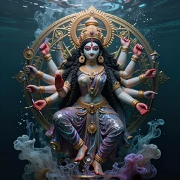 a profile photo real render of an hindu goddess kali with digital modifications surrounded by a underwater ink pour and flowing liquid gallium and complex sacred geometry, perfect body and face, powerful, cinematic, beautifully lit, by artgerm, by karol bak, 3 d, trending on artstation, octane render, 8 k