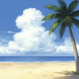illustration of a beach horizon with clouds and one palm tree in the style of goro fujita