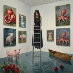 painting of a flooded art gallery and a tall emo girl holding an infinite ladder, paintings on the wall, pomegranates, waterfall, pigs, octopus, canoe, berries, zen, sensual, surrealist, by magritte and monet