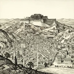 panorama of crooked ancient city, by aubrey beardsley, by caspar david friedrich, by albrecht durer, by victto ngai, ink, calligraphy, traverse, feng shui, maze of streets, in a valley, hills, waterfall, river, palace on top of the hill