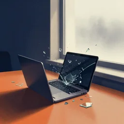 editorial illustration by karolis strautniekas and mads berg, office interior, small shattered glass shards covering a broken laptop, near a window window, fog, fine texture, detailed, muted colors, film noir, dramatic lighting, dynamic composition, vivid, dark blue, orange, beige, black