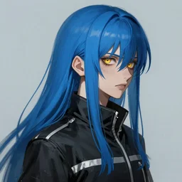 profile shot of rimuru tempest, sky blue straight hair, long bangs, gold eyes, amber eyes, wearing a black jacket with white stripes, high collar, ultra detailed, wild brush strokes, digital painting, cinematic, wlop, pixiv, color block, eerie, scary, yoshitaka amano, ilya kuvshinov, andy warhol