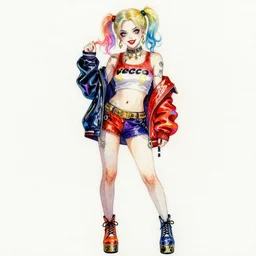 a watercolor portrait illustration by sui ishida and alphons mucha of a bishoujo as harley quinn highly detailed anime eyes wearing neon one - armed jacket and skirt from wego with a lightning print top, romantic standard accessories, and yosuke usa platform heels. by issey miyake and balenciaga 8 k