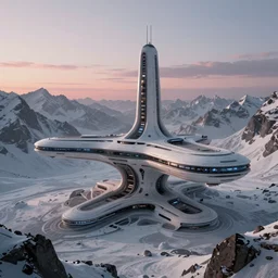 futuristic space station in the snowy mountains 3 d concept art, cinematic lighting, intricate details, building by zaha hadid, pastel sunset, emissary space by arthur haas and bruce pennington and john schoenherr, cinematic matte painting, dark moody monochrome colors, trending on artstation, featured on behance