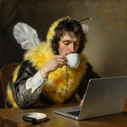 tired man in a bumblebee costume drinks coffee in front of a laptop, highly detailed, masterpiece, enlightenment era, oil on canvas