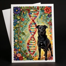 christmas card, frug dog black infront of leg, high beauty vine, artstation, ample lighting, flower mosaic, dna, intense fantasy