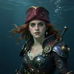 underwater pirate steampunk portrait of emma watson, hyper detailed, digital art, cinematic lighting, studio quality, smooth render, unreal engine 5, octane rendered, art style by klimt and nixeu and ian sprigger and wlop and krenz cushart.