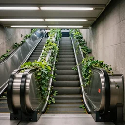photograph of escalators overgrown by ivy leading into a flooded metro, with white neon lights, realistic lighting, raytracing