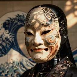 a beautiful cyborg made of hokusai ceremonial maske