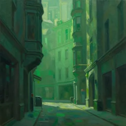 dense city canyon emerald light oil painting
